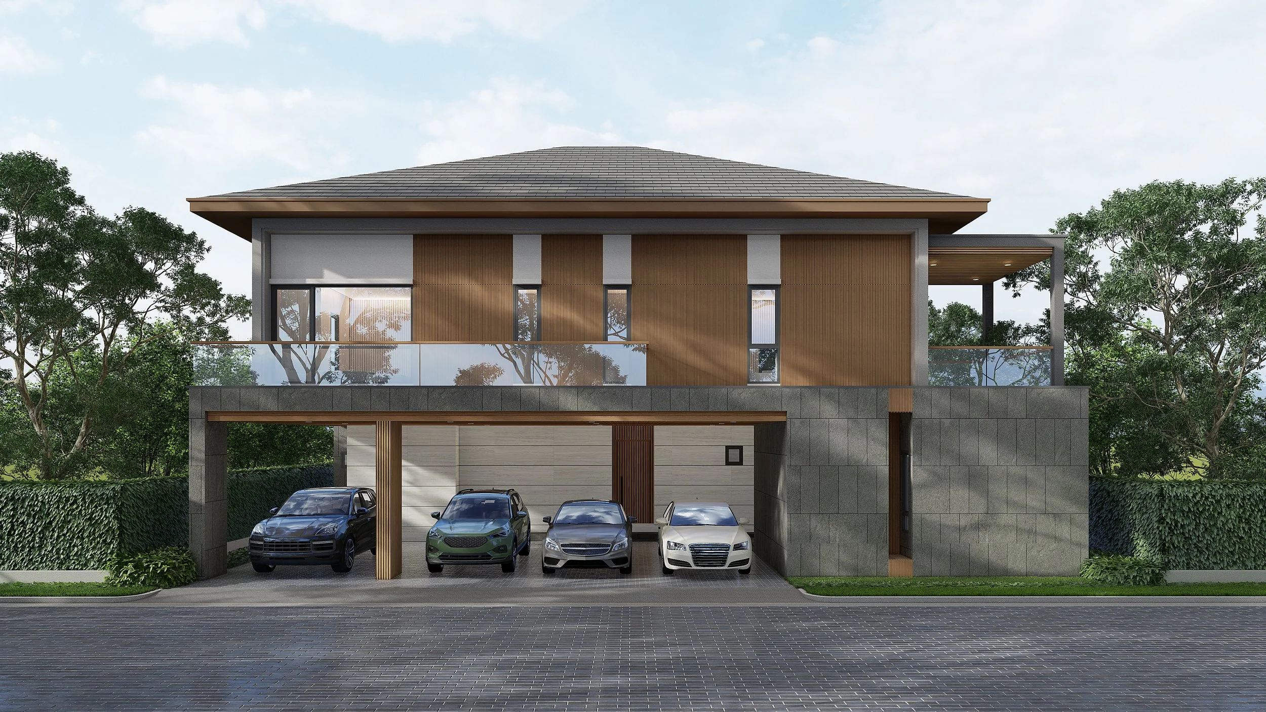 Modern two-story house with a gray tiled roof, brown wooden and gray concrete exterior, glass balcony railing, and three cars parked in the driveway.