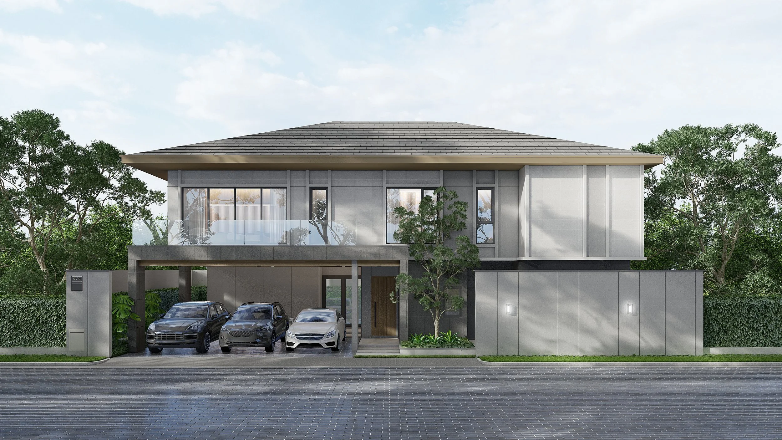 Modern two-story house with a gray exterior, large glass windows, a front door, parked cars, and greenery including trees and shrubs.