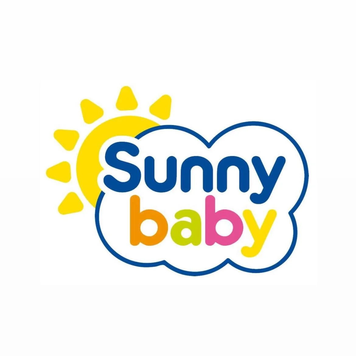 Colorful logo with a sun and cloud design, featuring the words 'Sunny Baby' in blue, orange, pink, and yellow letters.