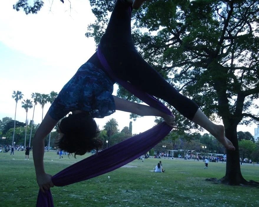 Person performing an aerial yoga o aerial silks pose using purple fabric in a park with trees and many people in the background.