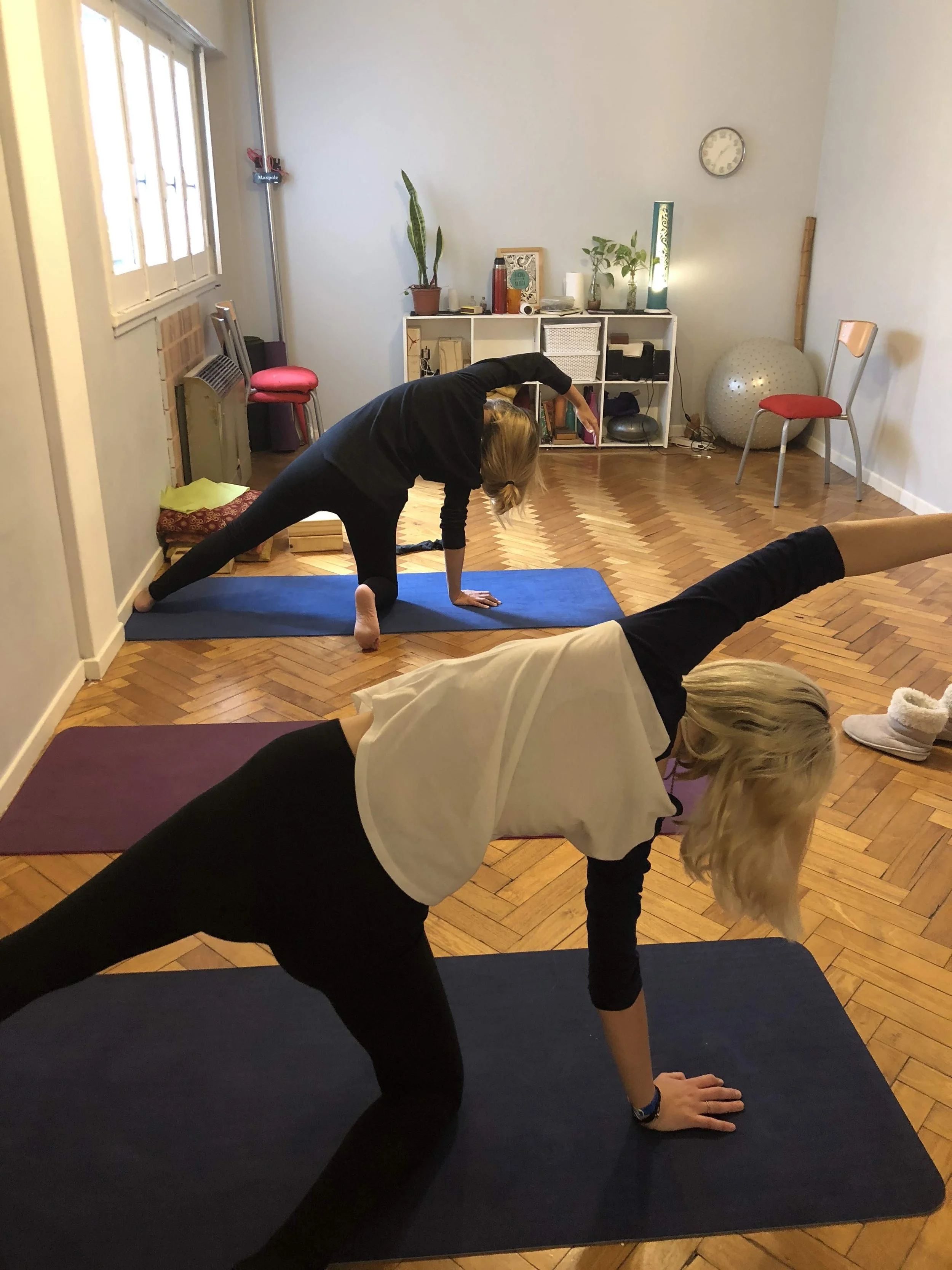 Two women doing flexibility training in a room with a hardwood floor, mats, and some household items. The woman in front is in a side plank pose with her arm extended and leg raised, while the woman behind is in a similar extended position