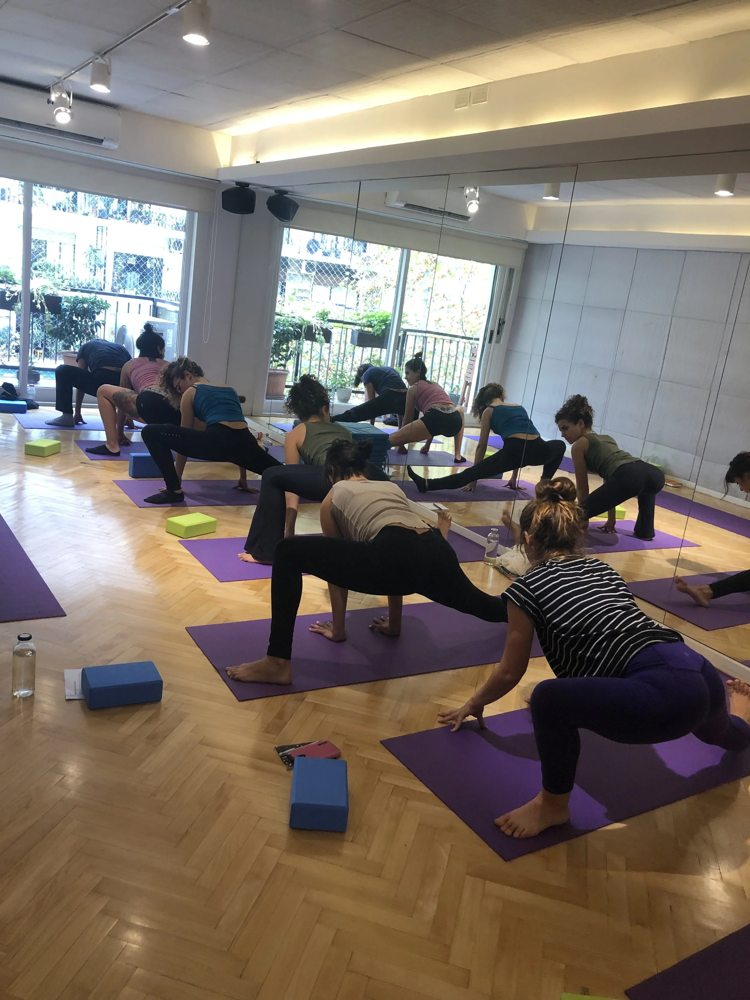Group of people participating in a flexibility seminar in a studio with wooden floors, purple mats, and large mirrors on the wall. Participants are practicing a half split stretching pose, and sunlight is coming through large glass windows.