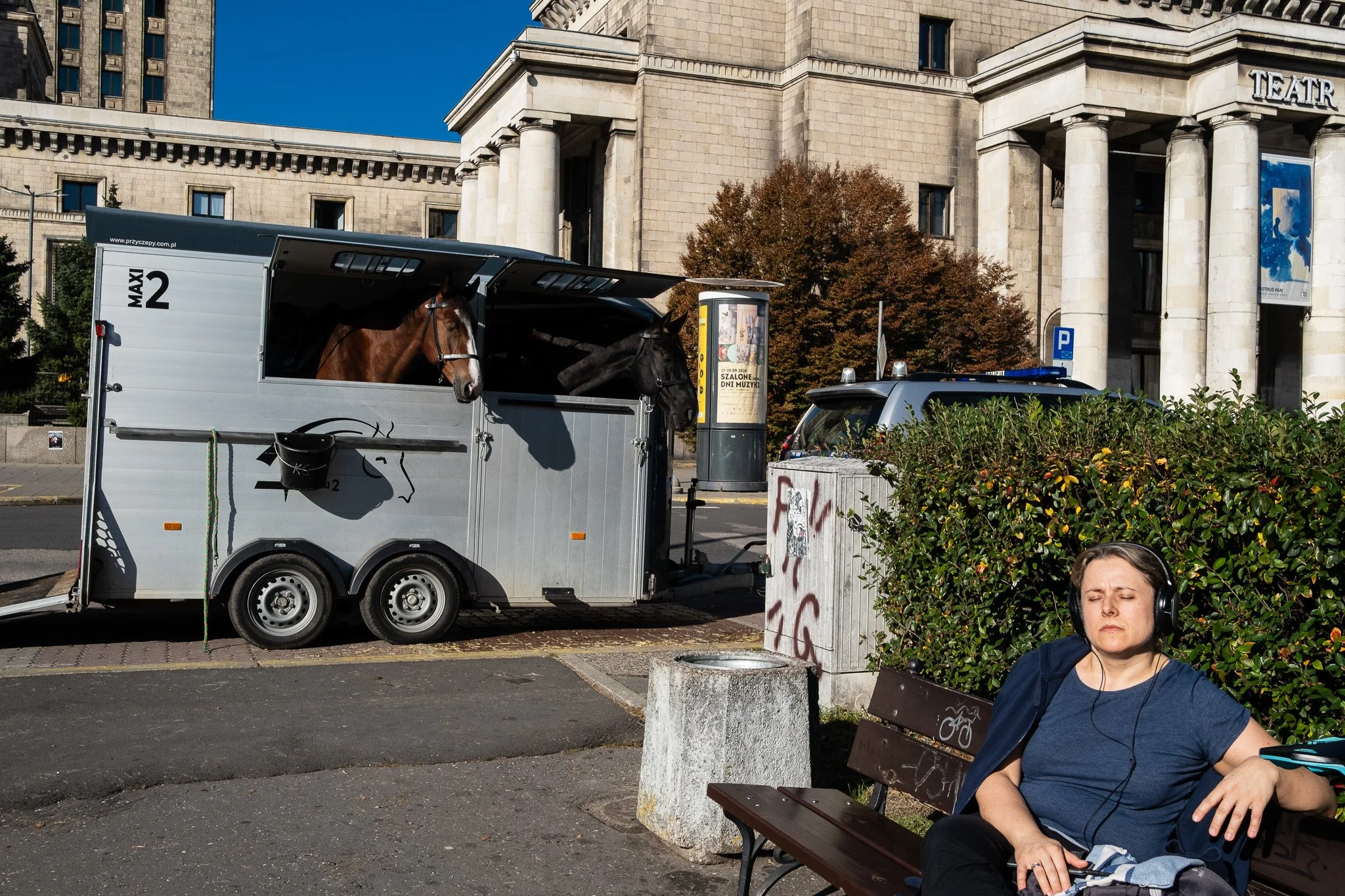A woman sitting on a park bench with headphones, relaxing with her eyes closed as a horse in a trailer is visible in the background in an urban setting with a large building and trees.