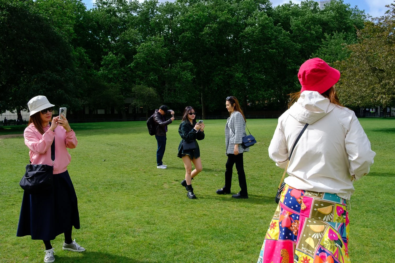Group of women and a man standing and taking photos or looking at their phones in a park with green grass and trees.