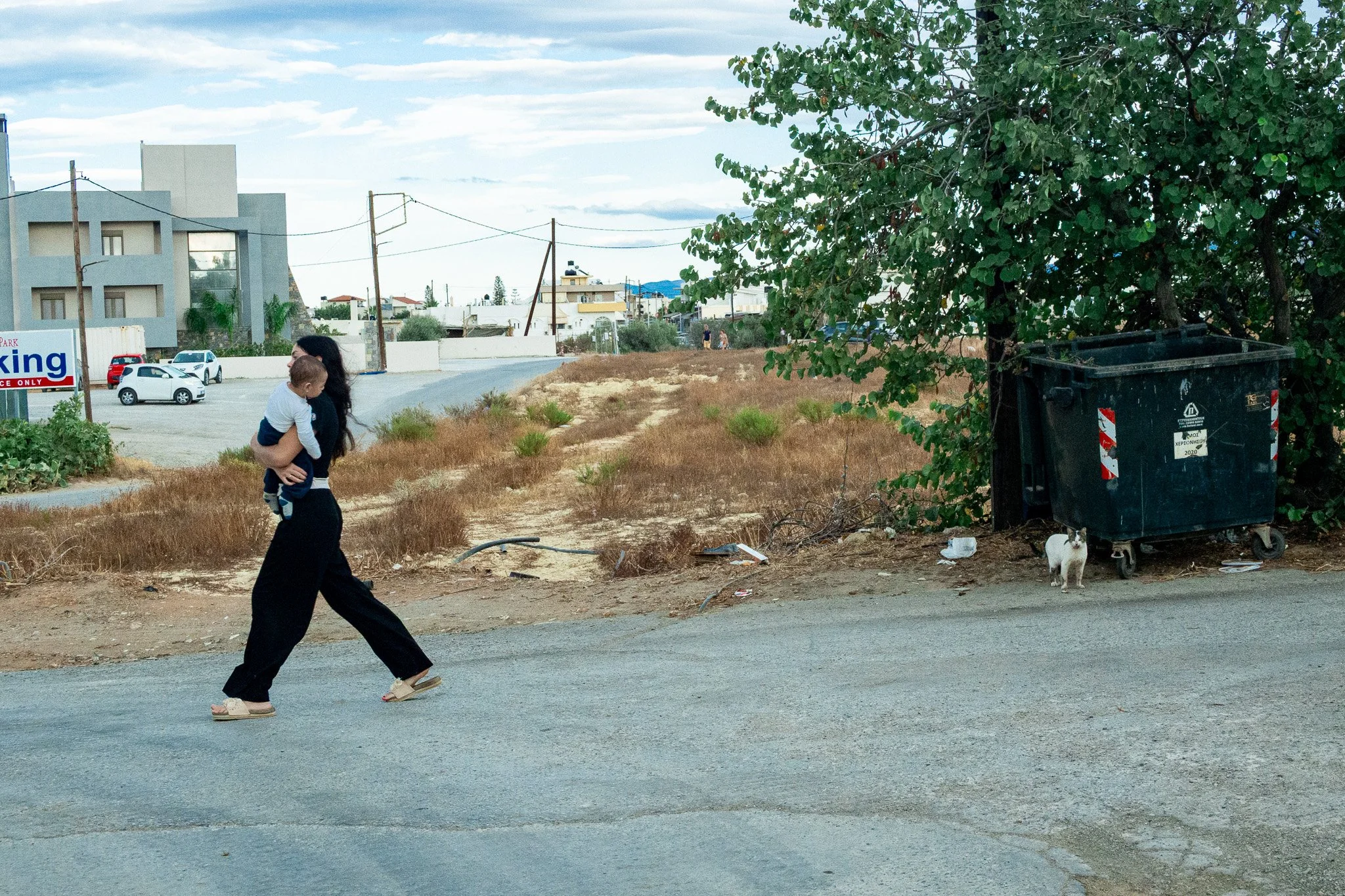 A woman walking along a street while carrying a child in her arms. There is a large black trash dumpster near some bushes on the right side of the image. A small white dog is also near the dumpster. The background shows buildings, cars, and utility p