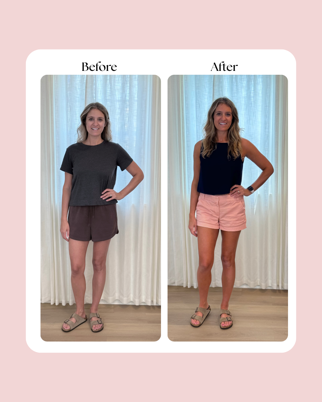 Before and after spray tan showing natural, even color.