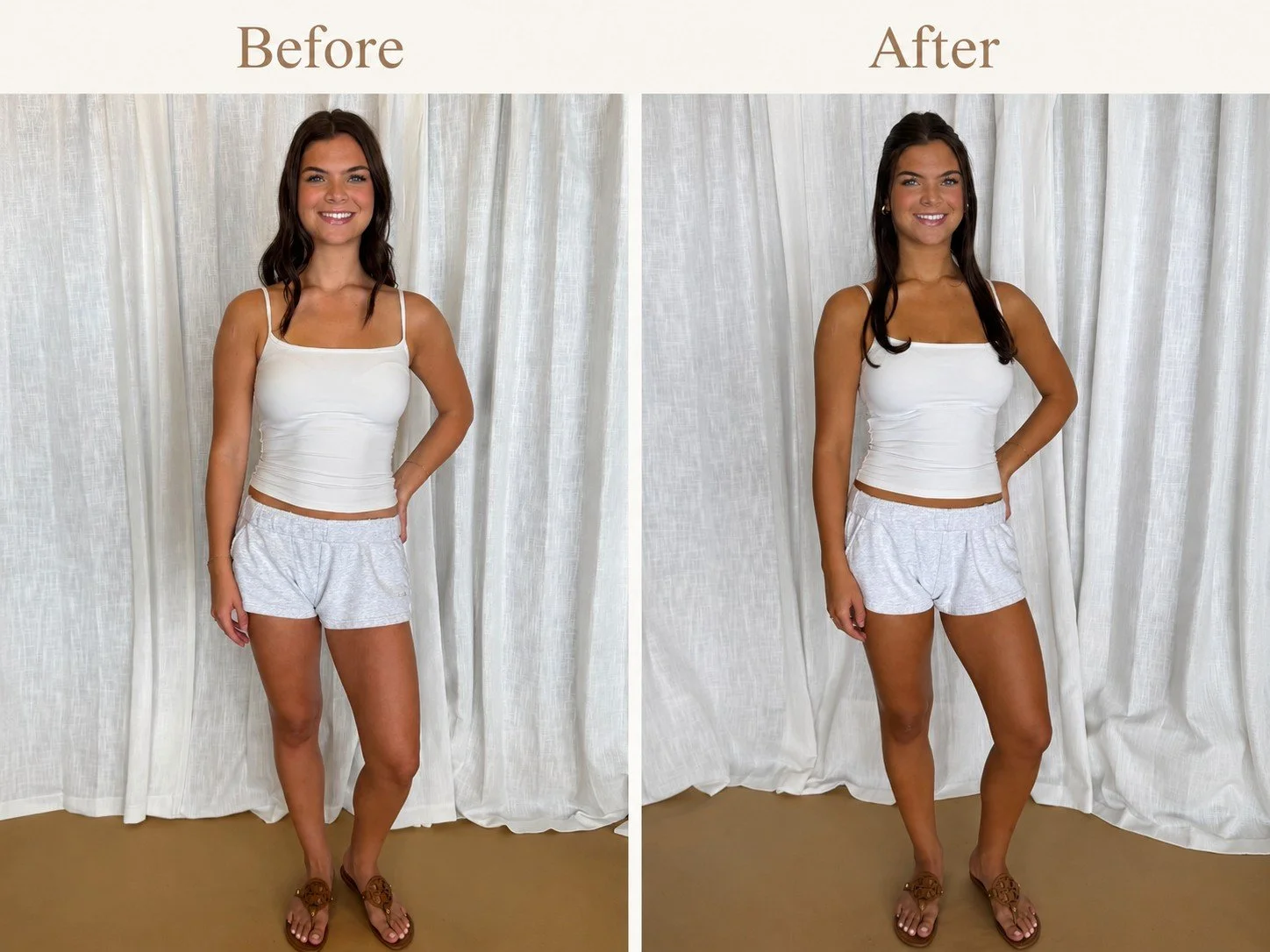 Tone Tans client before and after a natural custom spray tan at Tone Tans.