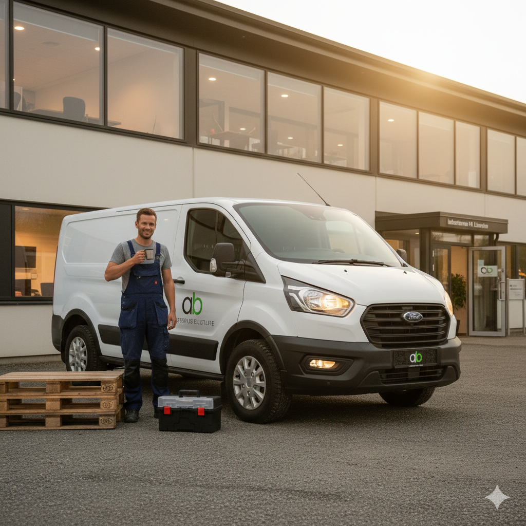 A man in work overalls standing next to a white delivery van with a logo, holding a coffee mug, outside a modern office building during sunset.