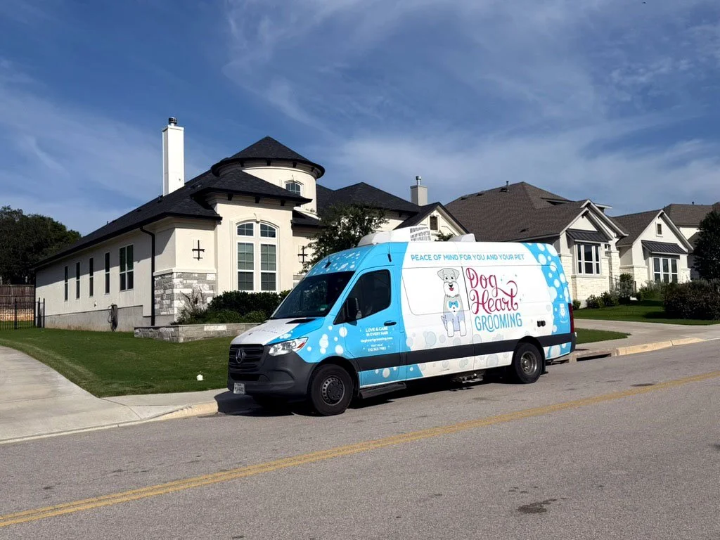 dog heart grooming mobile van parked in leander texas outside home