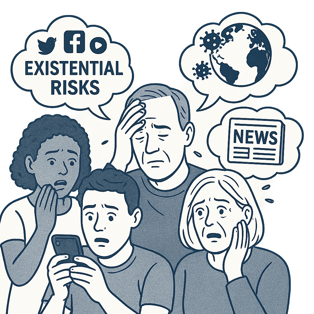 A group of concerned people looking at a smartphone, with speech bubbles above them showing social media icons, words 'Existential Risks,' a globe with virus icons, and a newspaper titled 'News'.