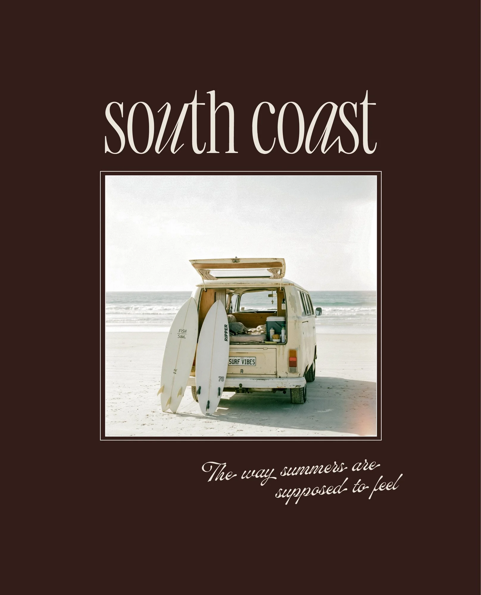 Primary logo design above a vintage van with surfboards — swimwear brand identity mockup by The Kinn Co