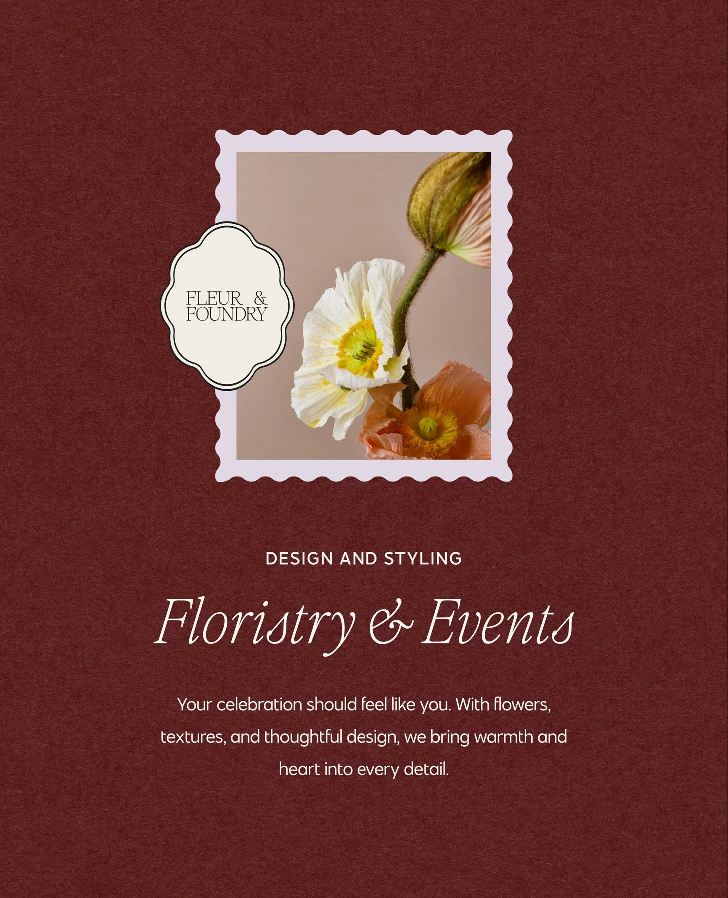 Brand font suite with a framed poppy photo, badge logo, and "Floristry & Events" headline.