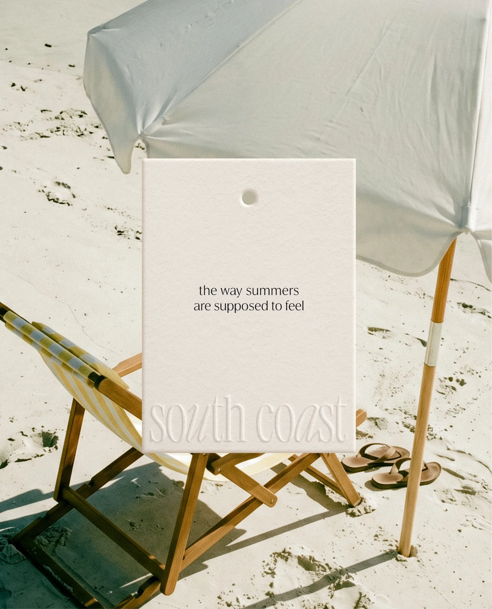 Swing tag print design for South Coast Swimwear — vintage-style packaging and brand collateral, Byron Bay