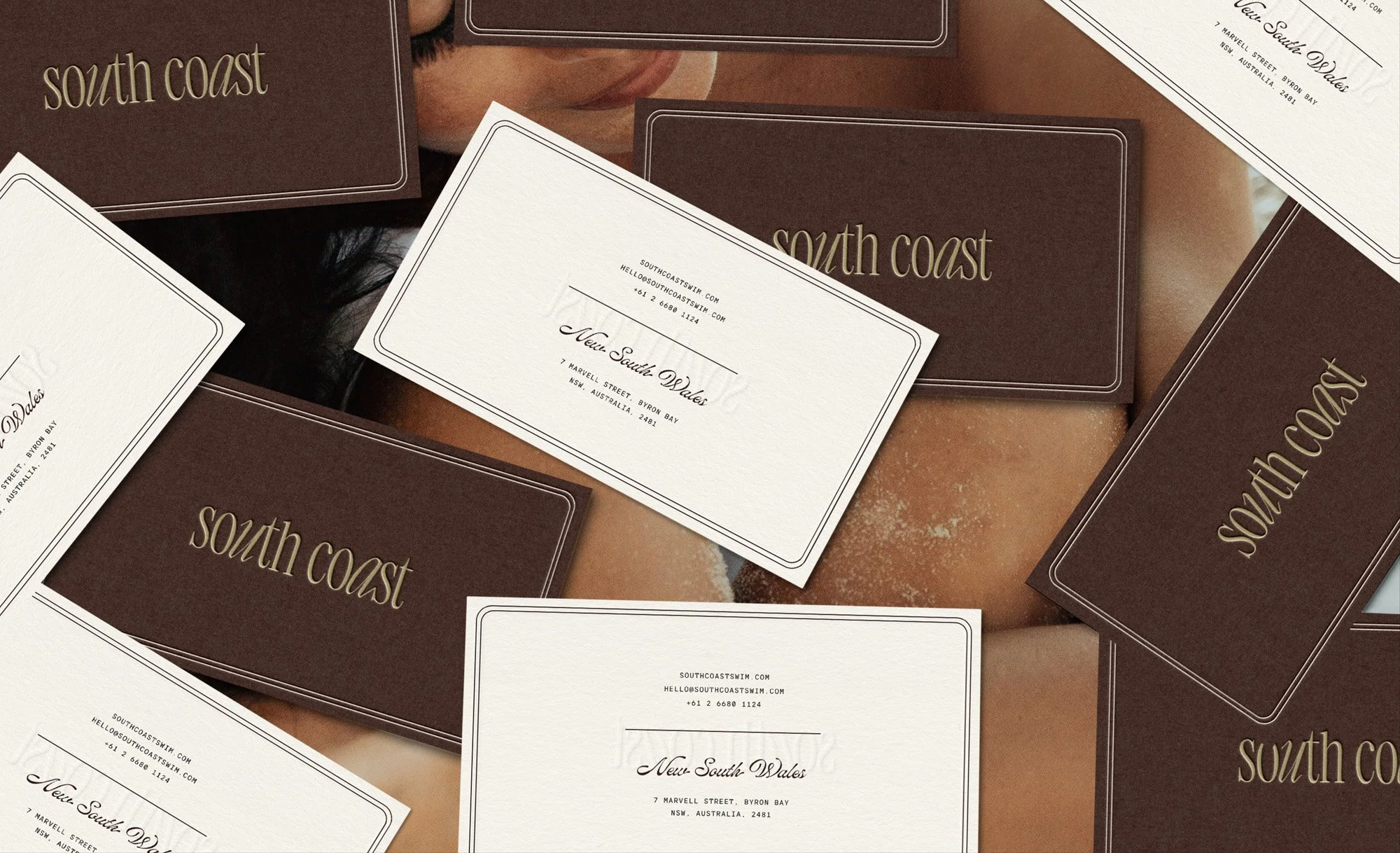 Business card design for sustainable Australian swimwear brand — luxury swimwear brand stationery and print collateral by The Kinn Co