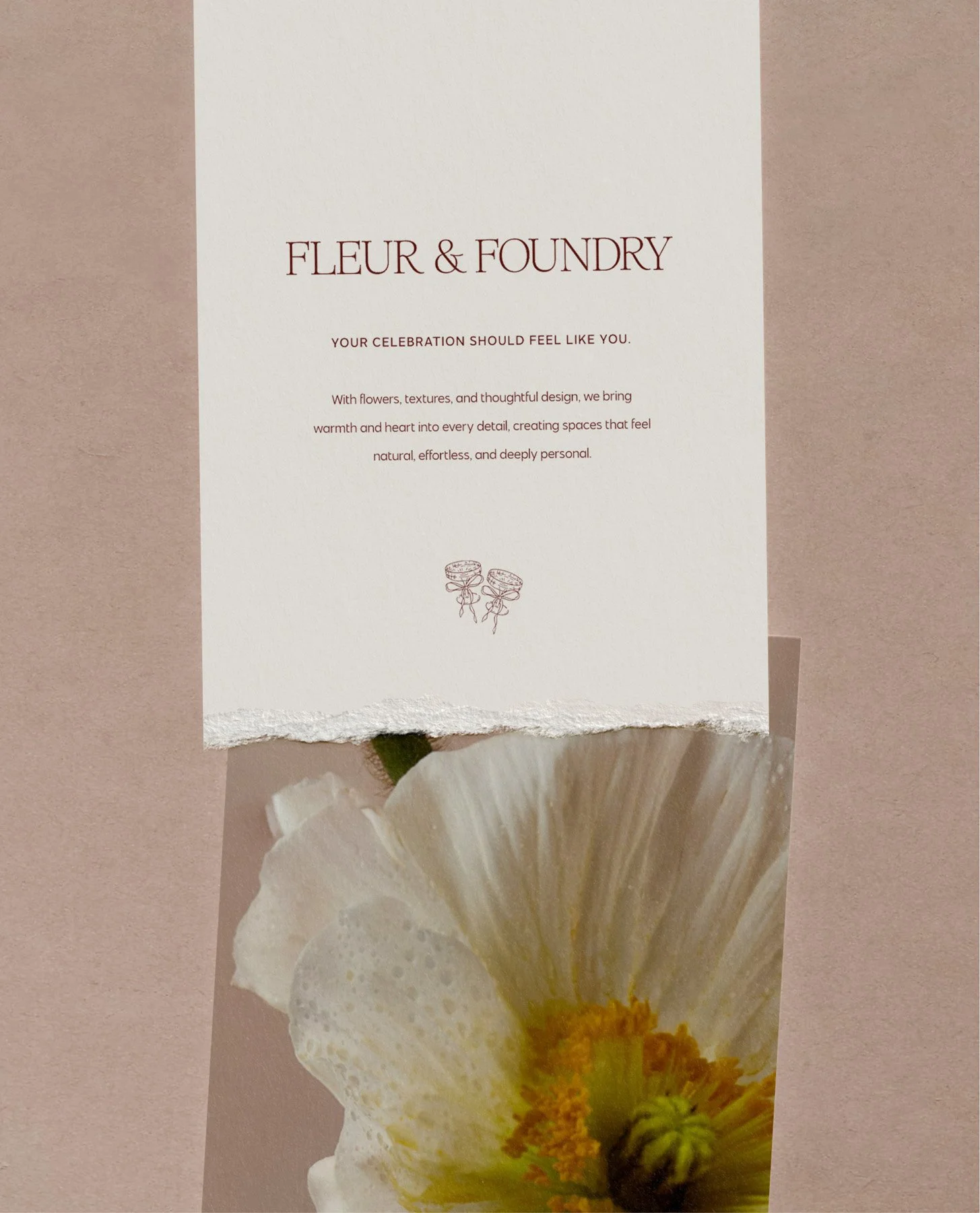 Torn stationery card showing the Fleur & Foundry name and tagline above a poppy photo.