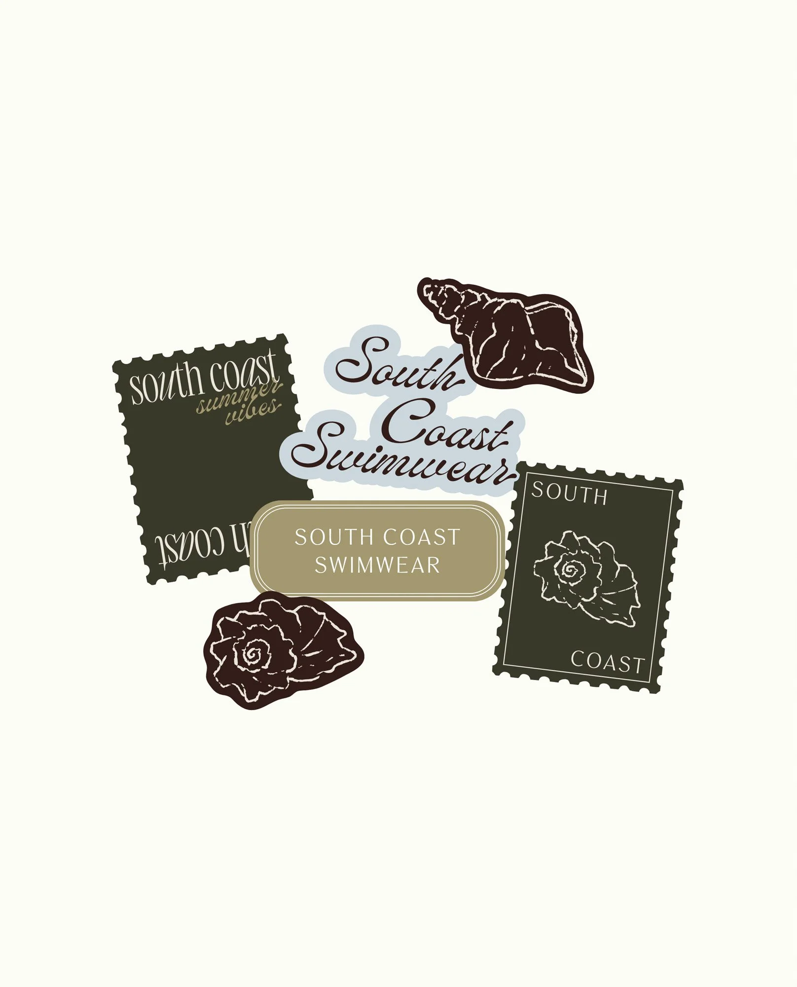 Brand sticker suite featuring script logo, shell illustrations and postage stamp effects — swimwear brand identity design, NSW, Australia