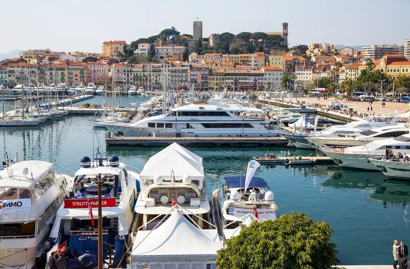 Superyachts moored in Cannes harbour — Eminent Marine provides yacht carpet and flooring services across Cannes and the Côte d'Azur