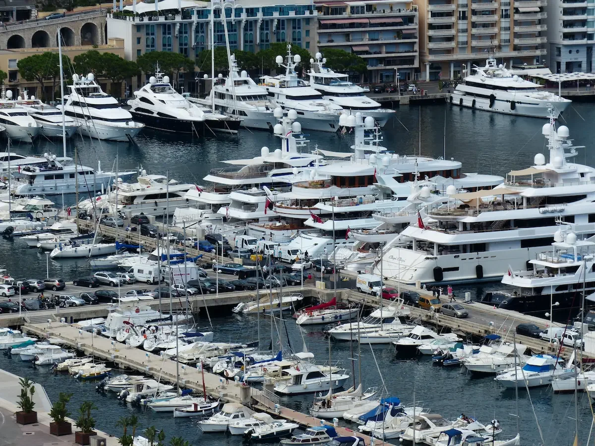 Aerial view of superyacht berths at Port Hercule Monaco