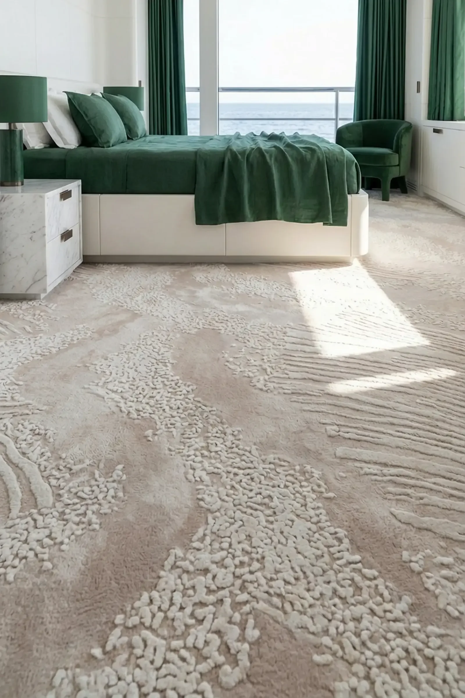 Superyacht cabin carpet installation — luxury marine flooring in owner suite