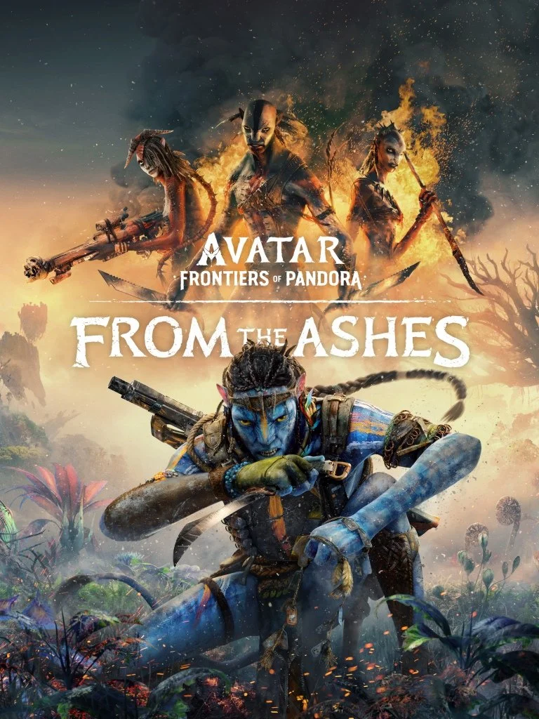 Poster for the movie 'Avatar: Frontiers of Pandora - From the Ashes' featuring characters with blue skin, pointed ears, and tribal makeup, set against a fiery background with flames and smoke.
