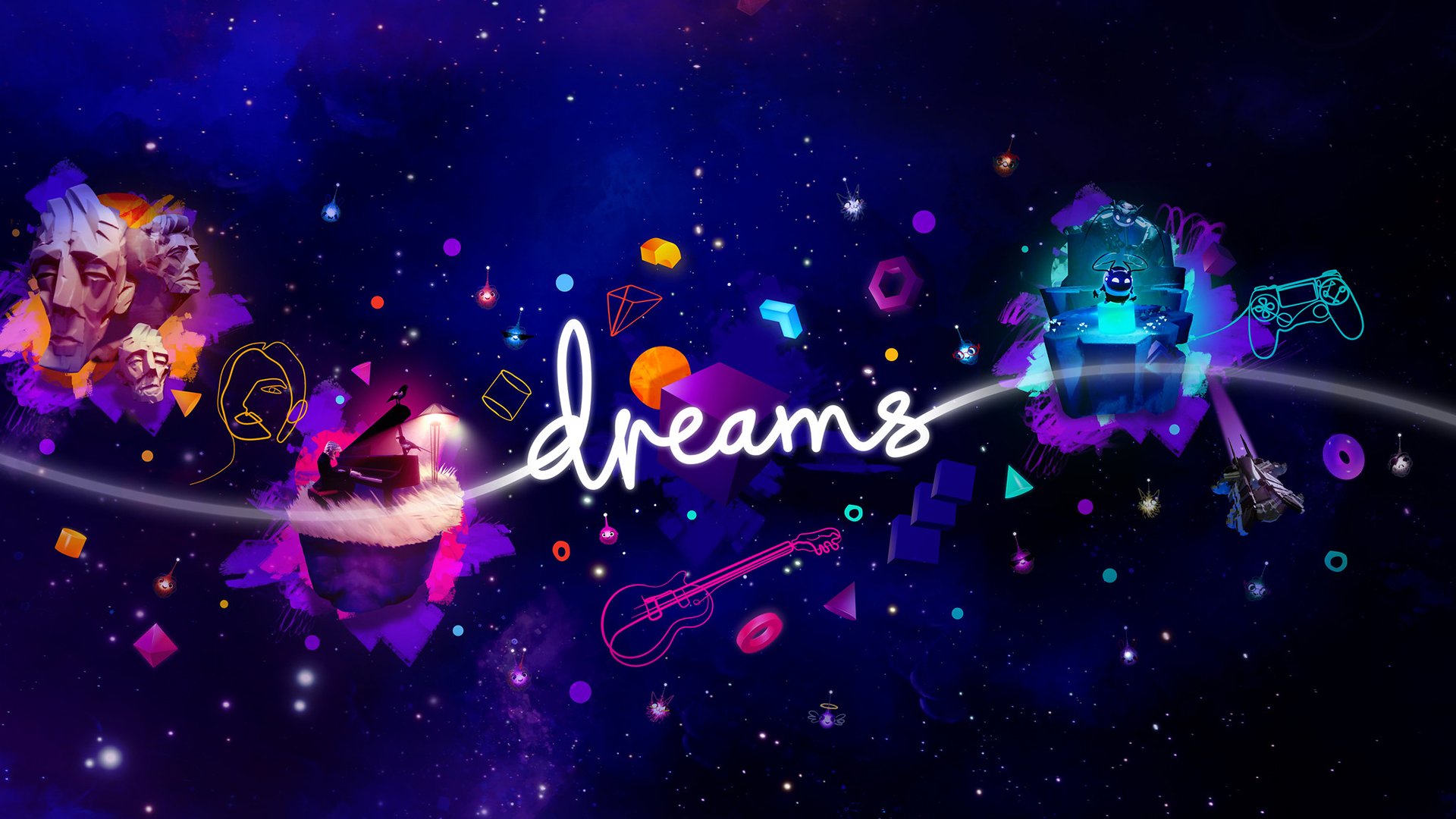 A digital artwork with a cosmic background featuring floating 3D objects and neon illustrations, and the word 'dreams' written in cursive in the center.