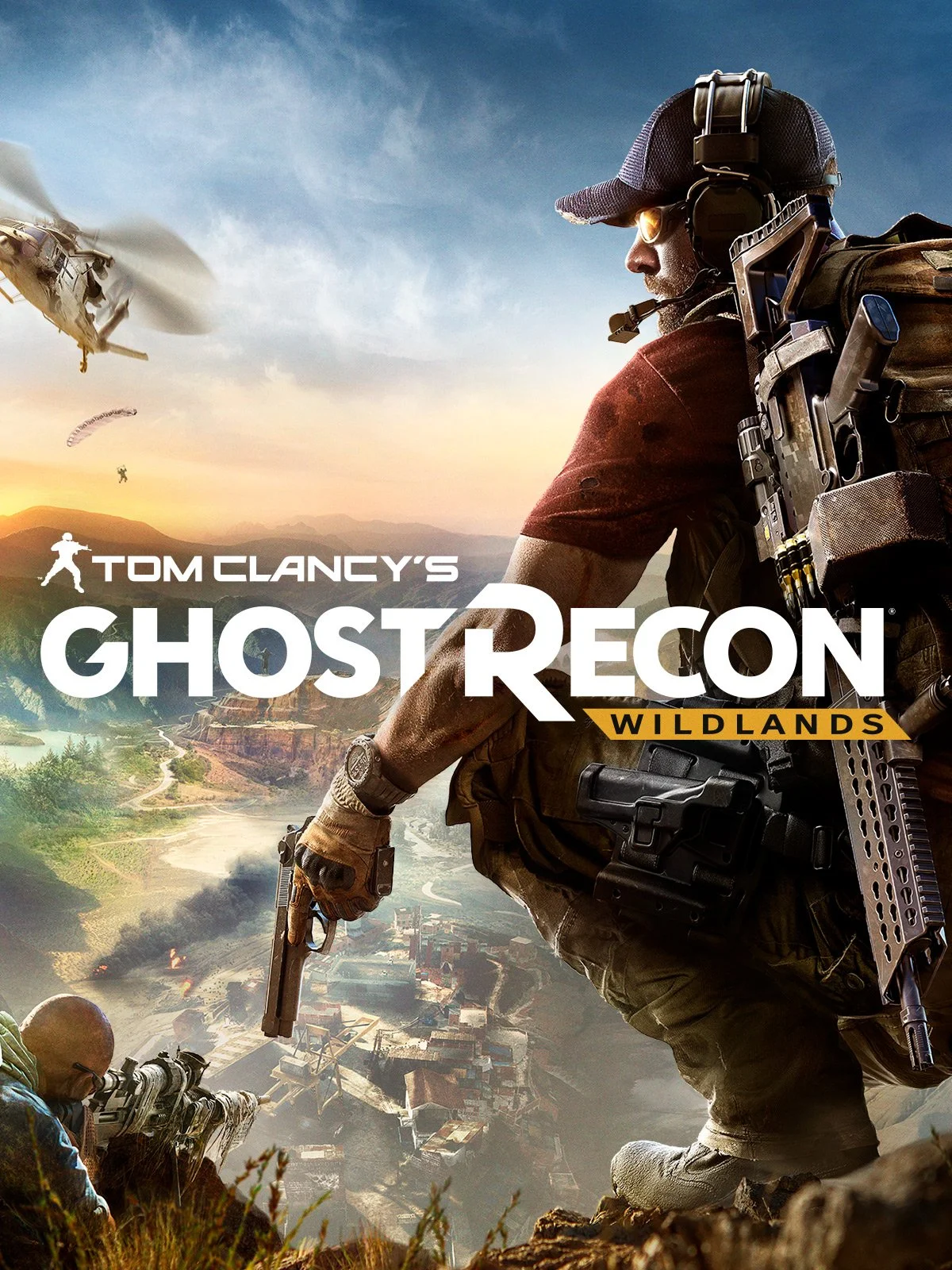 Cover art for Tom Clancy's Ghost Recon Wildlands video game, featuring a soldier with a backpack and tactical gear, holding a pistol, overlooking a mountainous landscape with a river, buildings, and a helicopter in the sky.