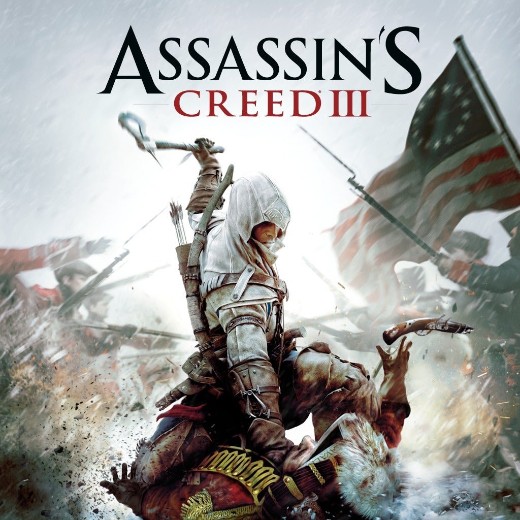 Cover art for Assassin's Creed III video game, showing a soldier in a hooded outfit with a bow and arrow, fighting against a large soldier with a musket amid a battle scene with American flags.