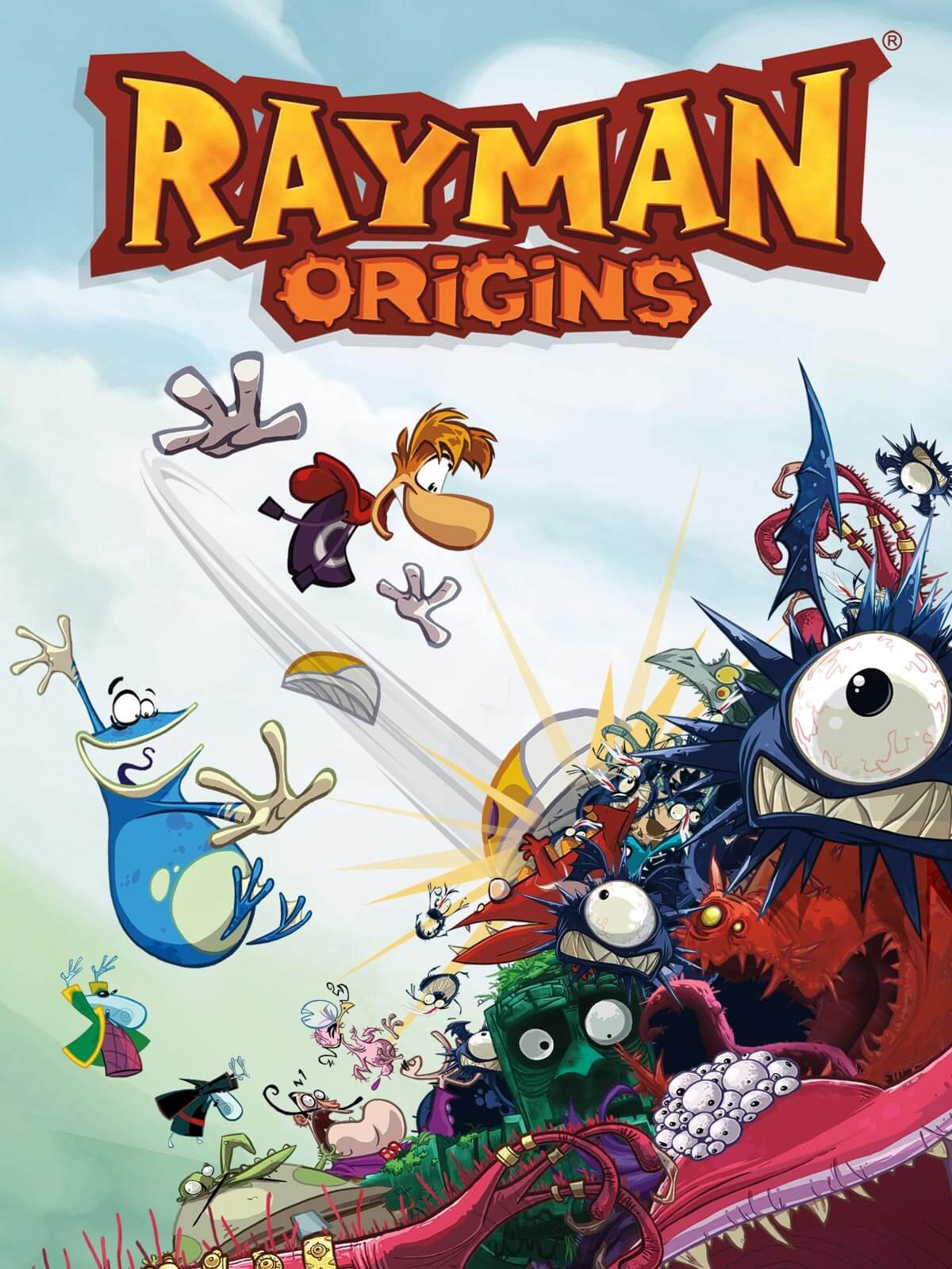 Cover art for 'Rayman Origins' video game featuring Rayman jumping over a group of comical, fantastical creatures, with a colorful, cartoonish background.