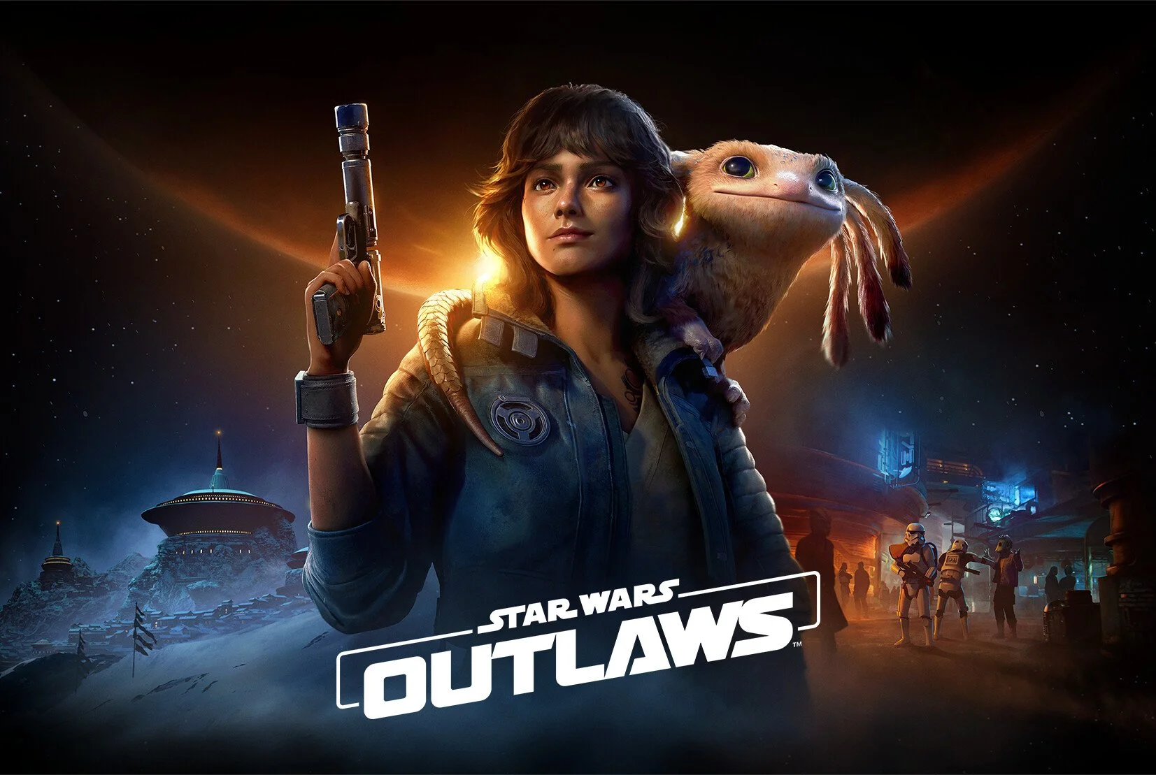 Promotional poster for the movie 'Star Wars: Outlaws' featuring a woman holding a blaster, a small creature on her shoulder, and a futuristic cityscape with stormtroopers in the background.