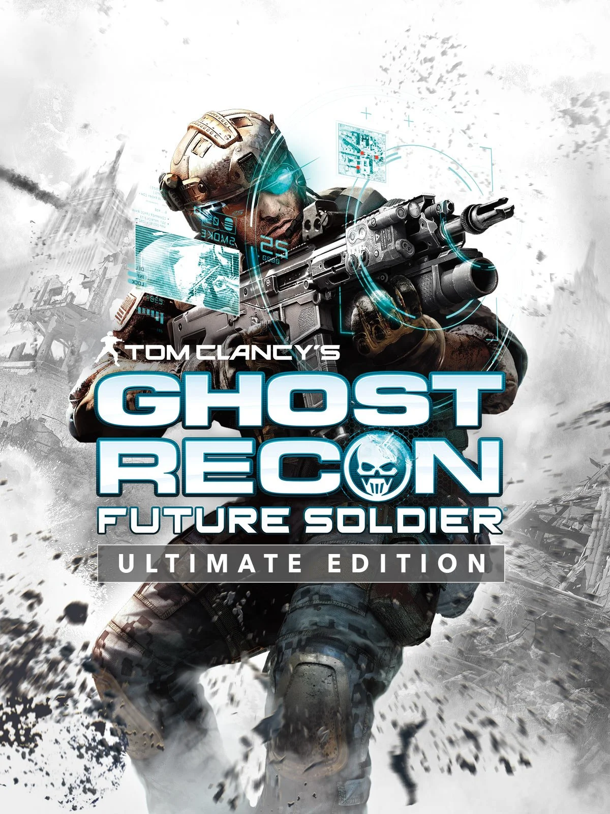 Cover of the video game 'Tom Clancy's Ghost Recon: Future Soldier Ultimate Edition' featuring a soldier in combat gear aiming a rifle amid destruction.