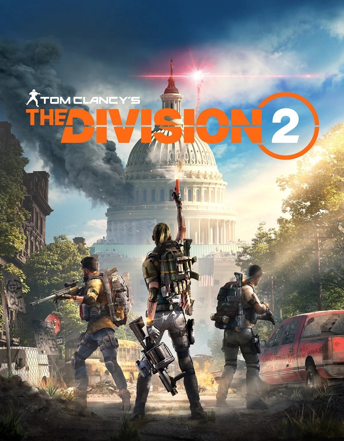 Cover art for Tom Clancy's The Division 2 video game showing three armed characters standing in a city with the U.S. Capitol building in the background, smoke and fire, and a bright sunset.