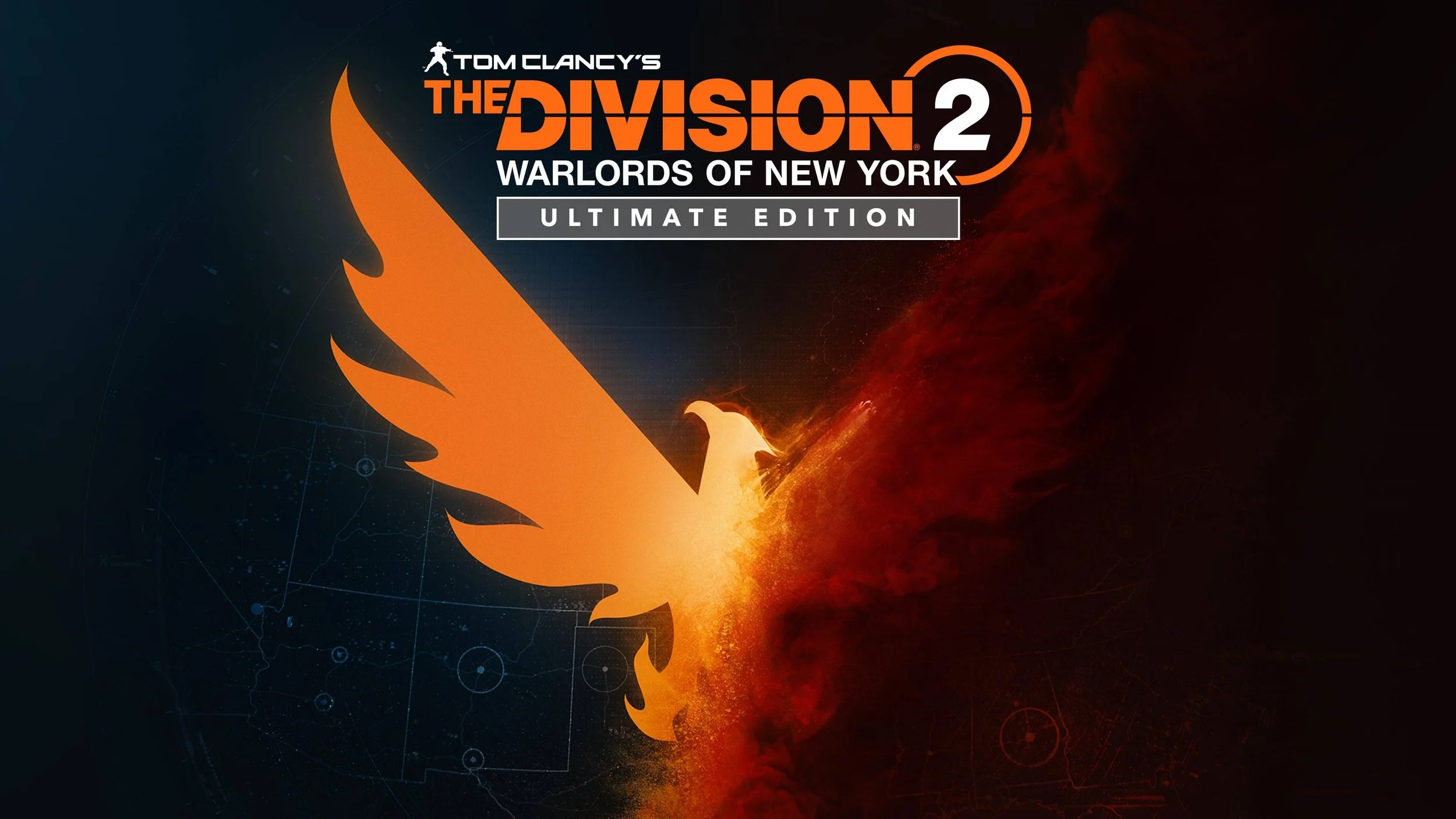 Cover art for Tom Clancy's The Division 2: Warlords of New York Ultimate Edition, featuring an orange eagle silhouette with flames on the right side, set against a dark background with a faint world map and digital grid design.
