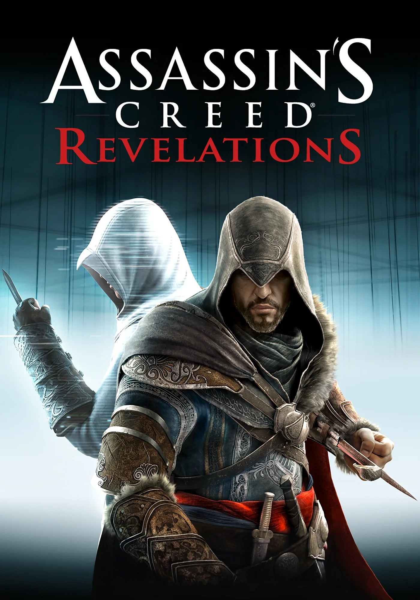 Cover art for Assassin's Creed Revenations video game, featuring two male characters in hooded cloaks with weapons, standing back-to-back, with rainy background and dark atmosphere.