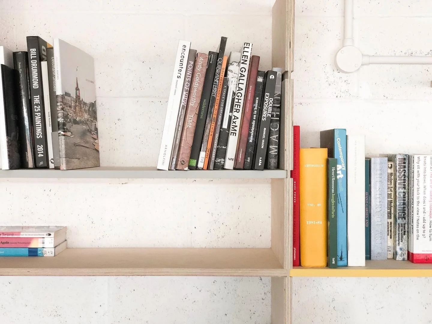 Books on white shelves against a white wall, including art, photography, and literature titles.