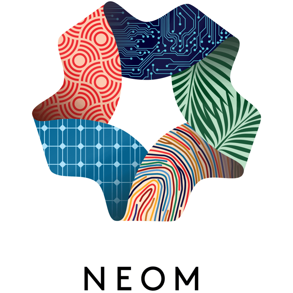 A hexagonal shape composed of five sections, each with a different colorful pattern representing technology, nature, and design. The word 'NEOM' is written below the shape.