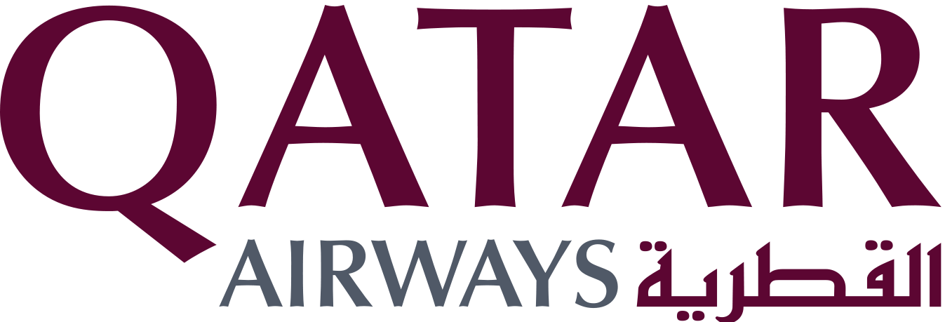 Qatar Airways logo with the words 'QATAR' in large purple letters, 'AIRWAYS' in smaller gray letters, and the Arabic translation of 'Airways' in purple.