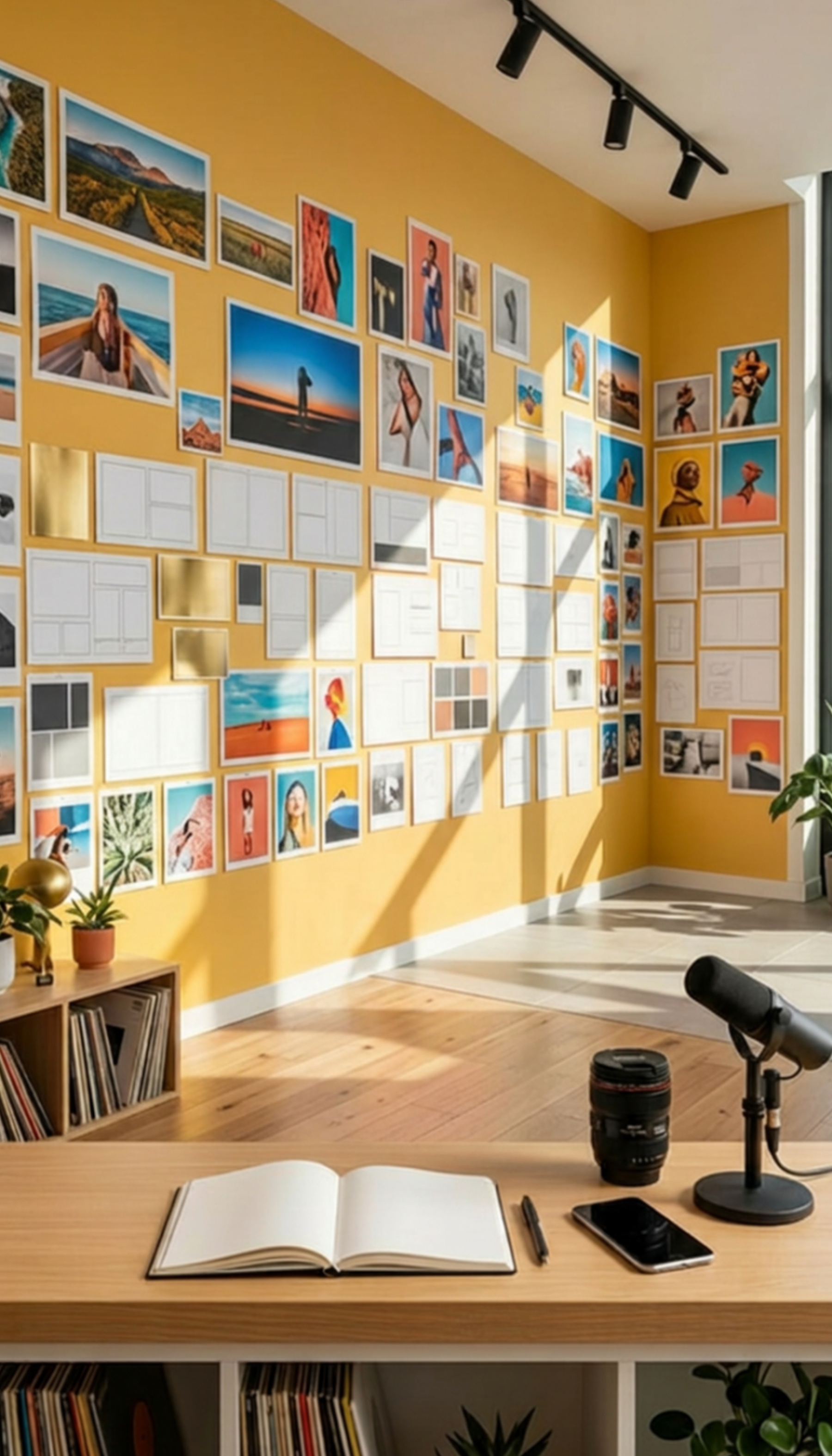 A bulletin board with various colorful posters and photographs on a yellow wall, with a small wooden cabinet below.
