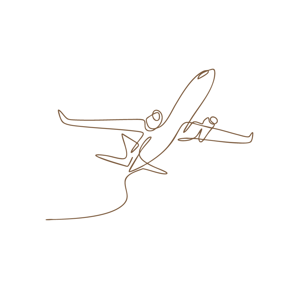 Minimalist line drawing of a person riding an airplane.