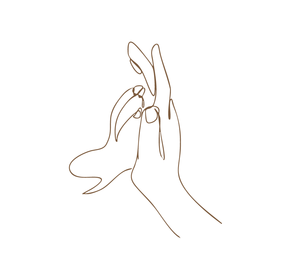 A minimalist line drawing of two hands touching, one with fingers extended and the other with fingers curled, on a black background.