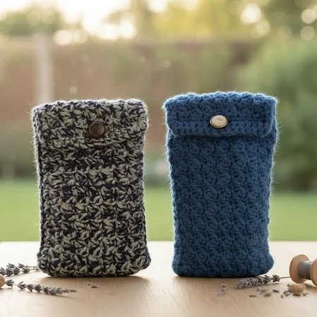 Crocheted button down cases. Ideal for pencils, glasses, phones. I use my to hold my crochet needles