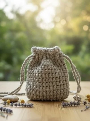 Crocheted drawstring bag.