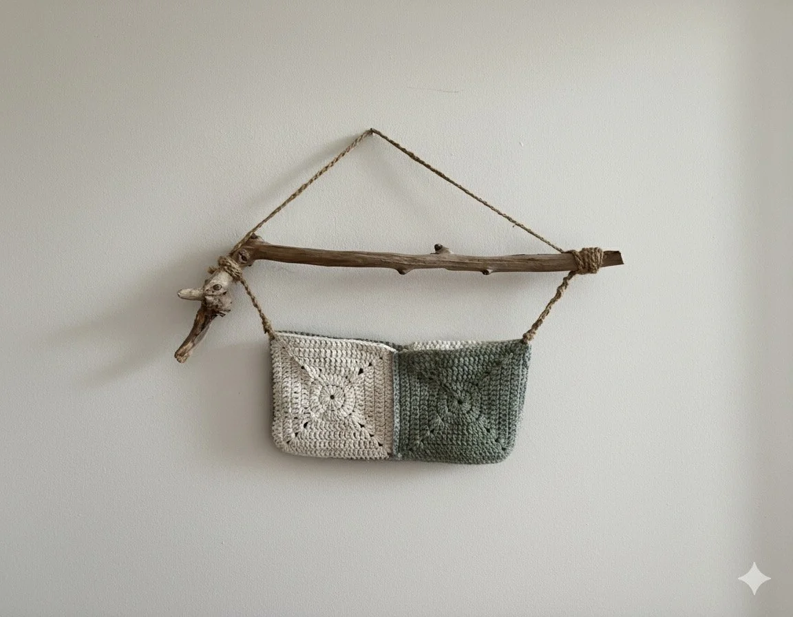Crochet and driftwood hanging bag