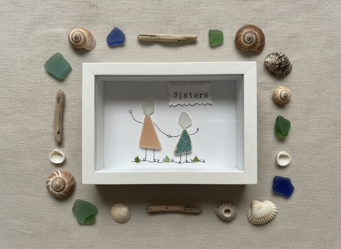 Sisters Sea Pottery and Sea Glass Frame (SOLD)