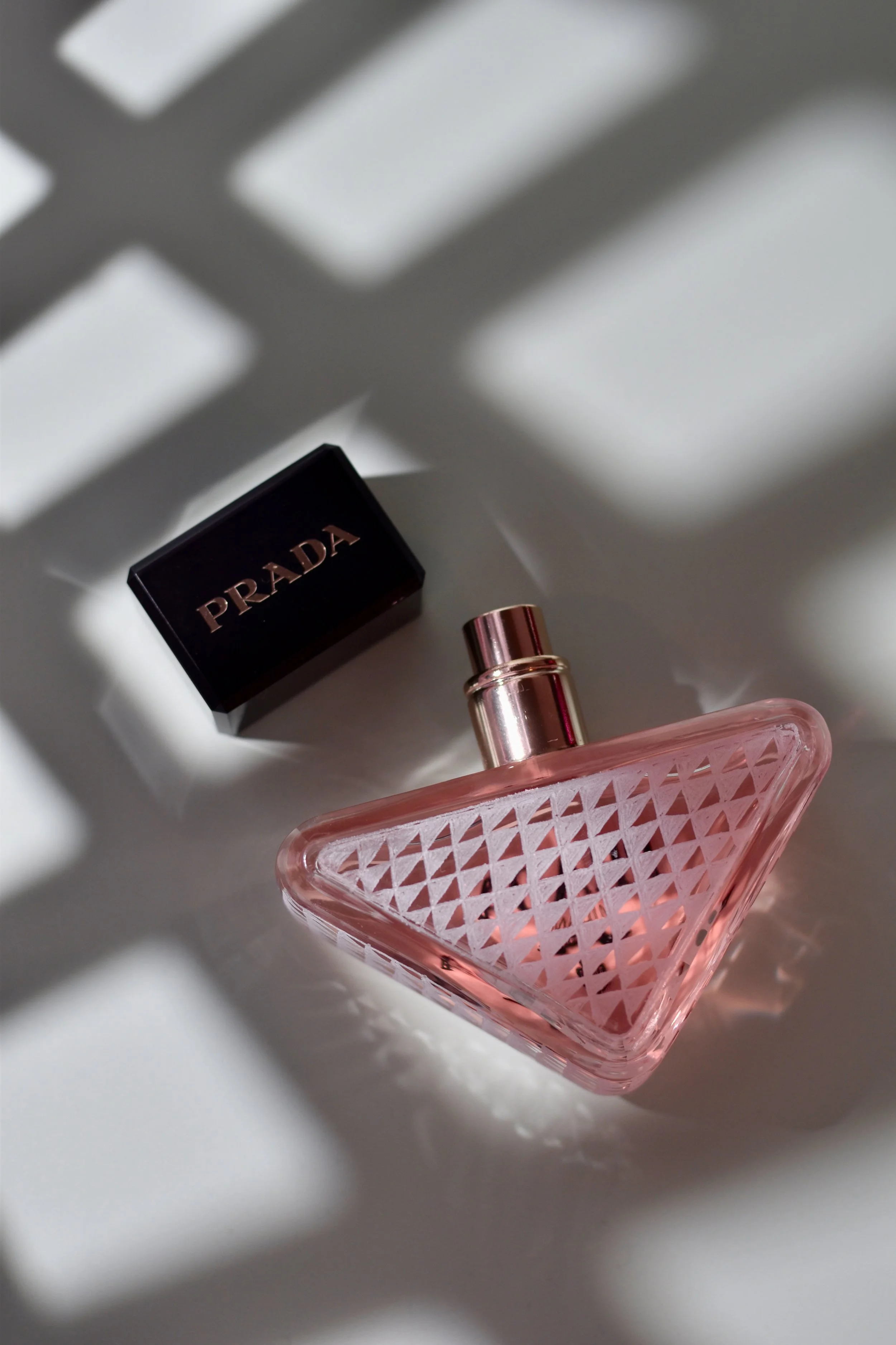 Hand engraved Prada bottle with a geometric design
