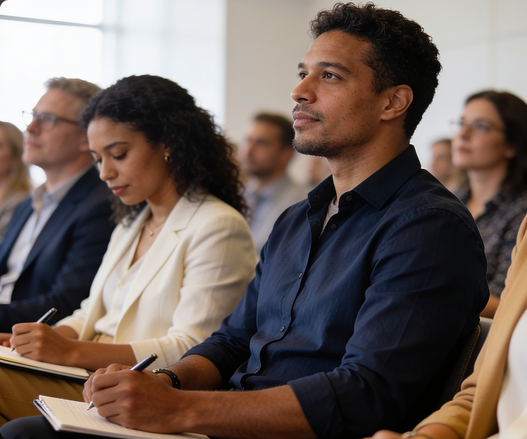 People attending a conference or seminar, sitting and listening attentively, with notebooks and pens in hand.