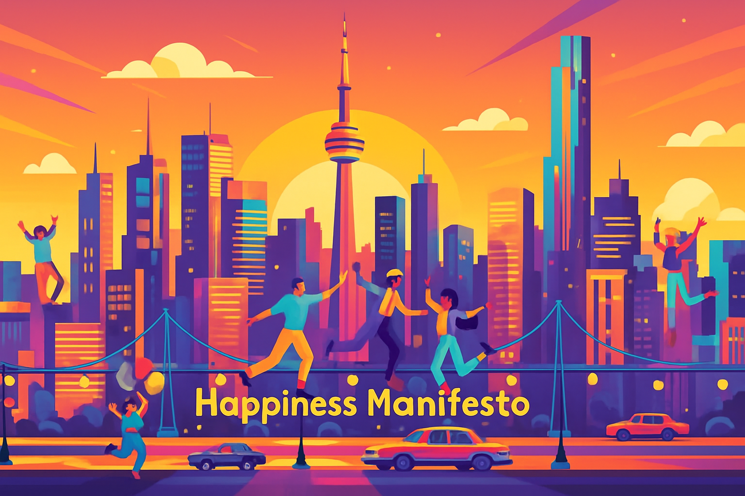 Colorful illustration of people celebrating joy and positivity on a bridge with the Toronto skyline at sunset, symbolizing happiness by Art Horn