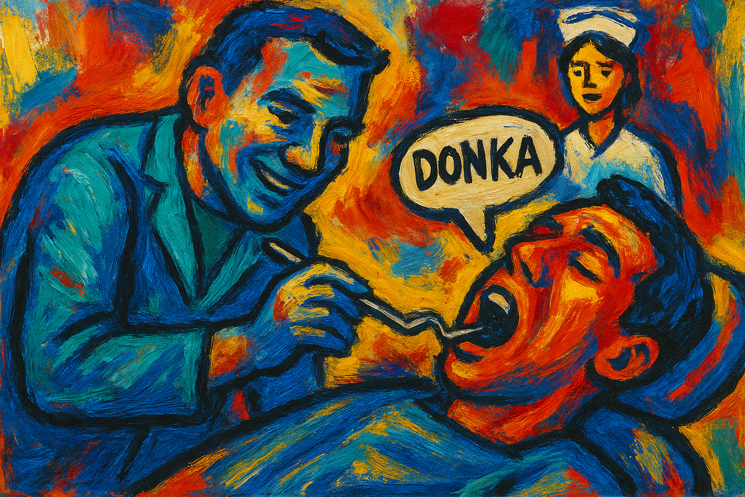 Surreal, humorous painting of a dentist and patient mid-procedure, with the dentist saying 'Donka,' illustrating Art Horn’s story Narcissism about communication and self-awareness.