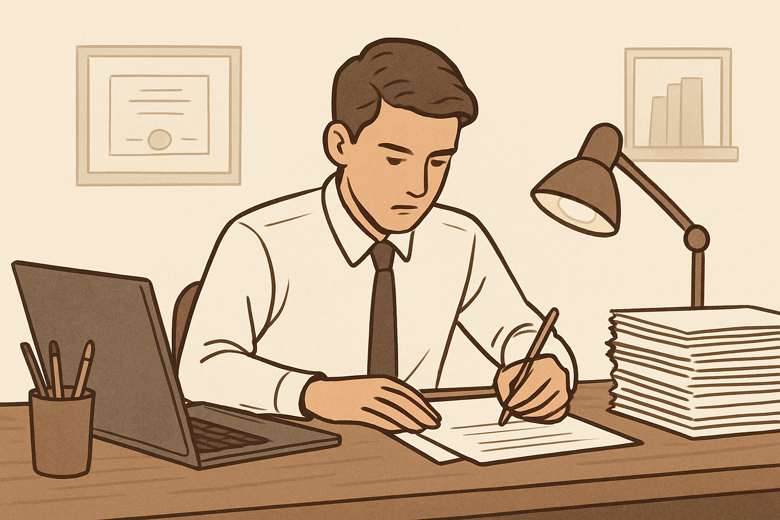 Illustration Art Horn working at desk with a laptop, papers, and a lamp, symbolizing focus, discipline, and the value of work ethic.