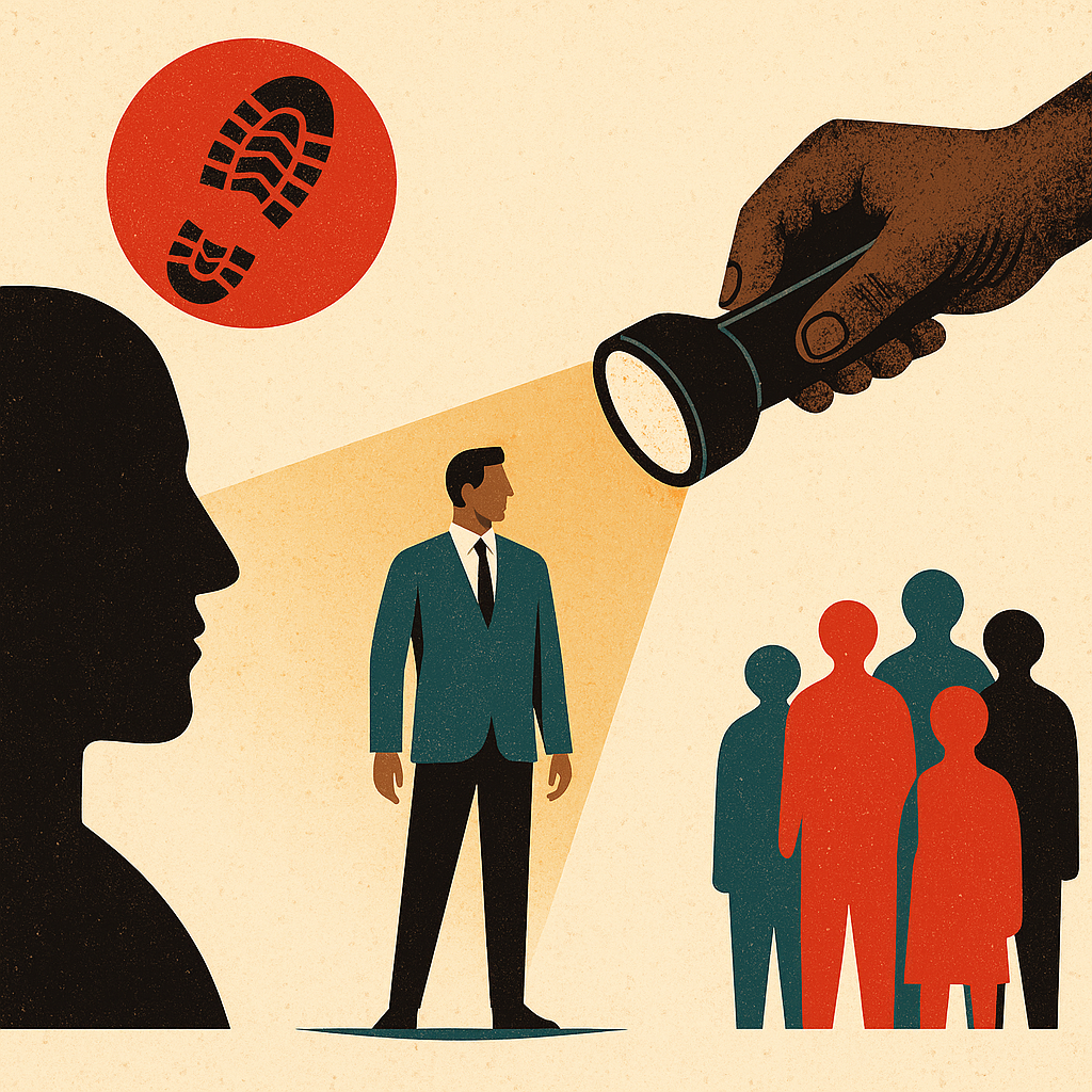 Conceptual collage representing Arthur (Art) Horn’s work on servant leadership and guidance, showing a person holding a flashlight illuminating a man in a suit with a crowd and a red sign featuring a footprint icon in the background.