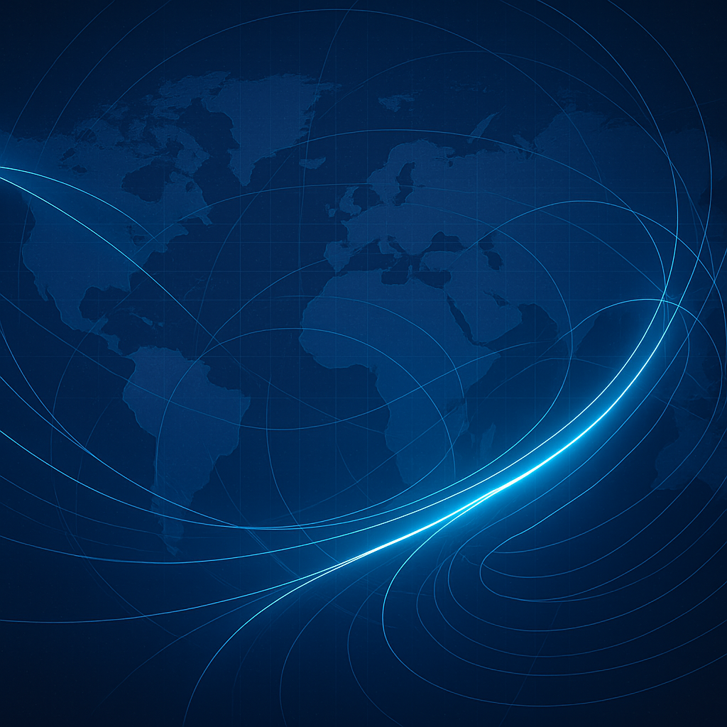 Abstract blue image with global network lines, symbolizing connection, motion, and the passage of time discussed in Art Horn’s essay “Swooshing.”